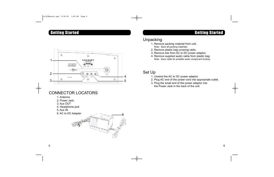 Connector locators, Getting start e d, Getting start e d unpacking | Set up | Crosley COMET CR-220 User Manual | Page 4 / 7