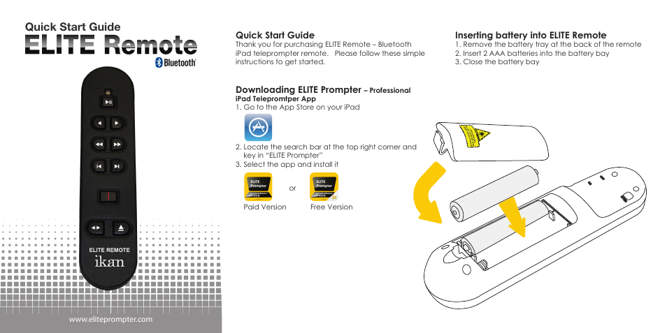 ikan Elite Remote User Manual | 2 pages