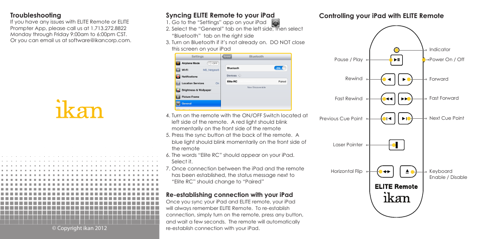 Syncing elite remote to your ipad, Controlling your ipad with elite remote, Troubleshooting | ikan Elite Remote User Manual | Page 2 / 2