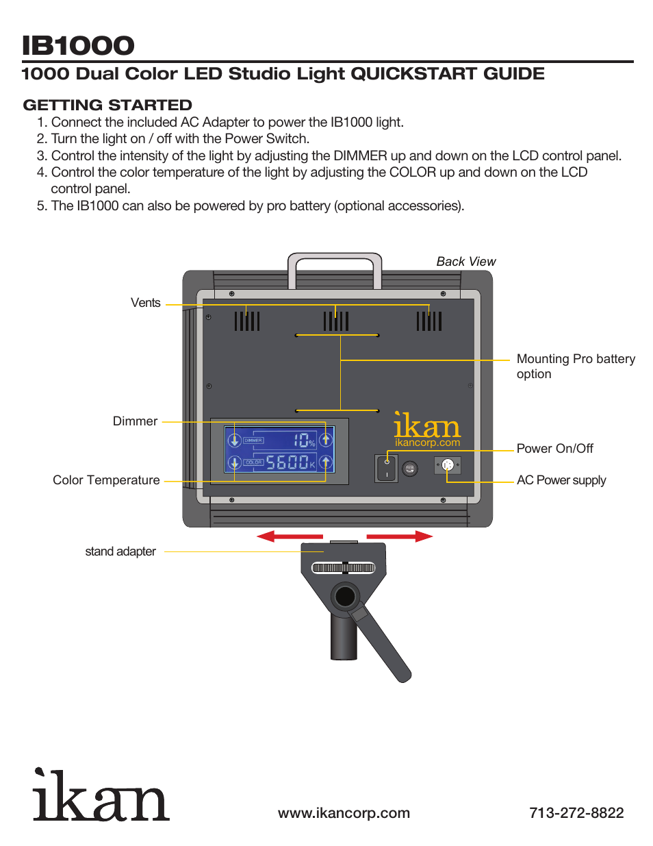 Ib1000, 1000 dual color led studio light quickstart guide | ikan IB1000 User Manual | Page 2 / 4