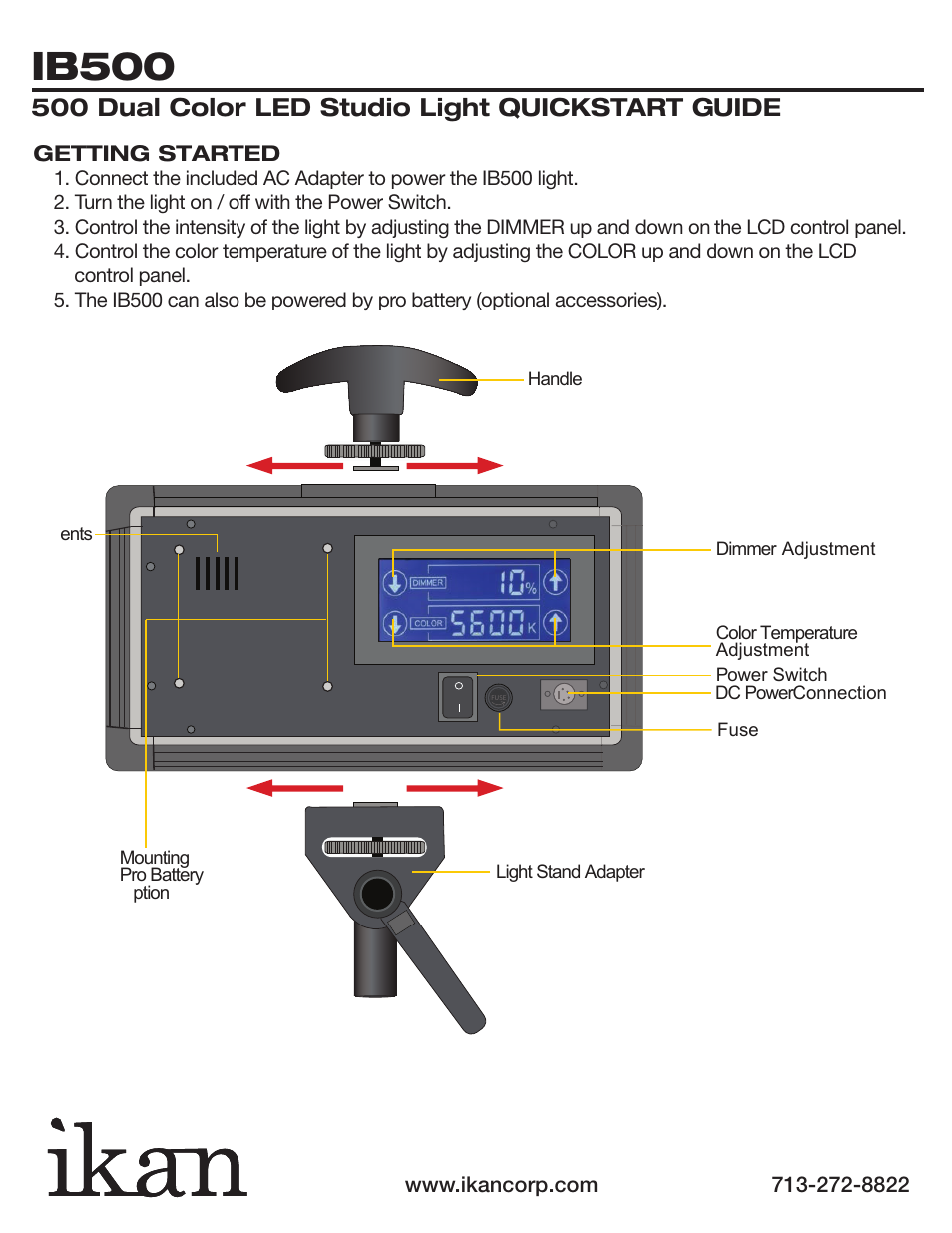 Ib500, 500 dual color led studio light quickstart guide, Getting started | ikan IB500 User Manual | Page 2 / 5