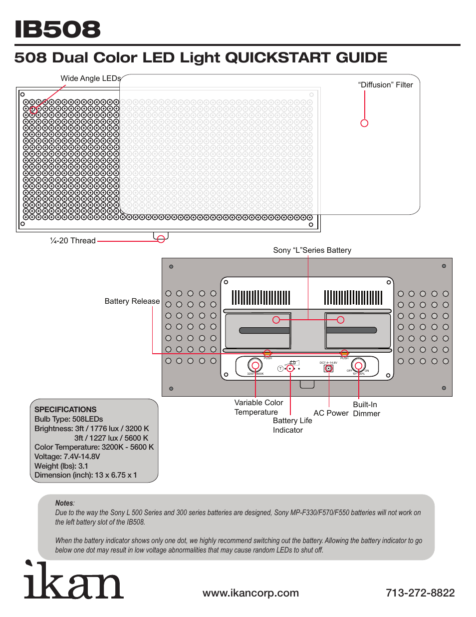 Ib508, 508 dual color led light quickstart guide | ikan IB508 User Manual | Page 2 / 2