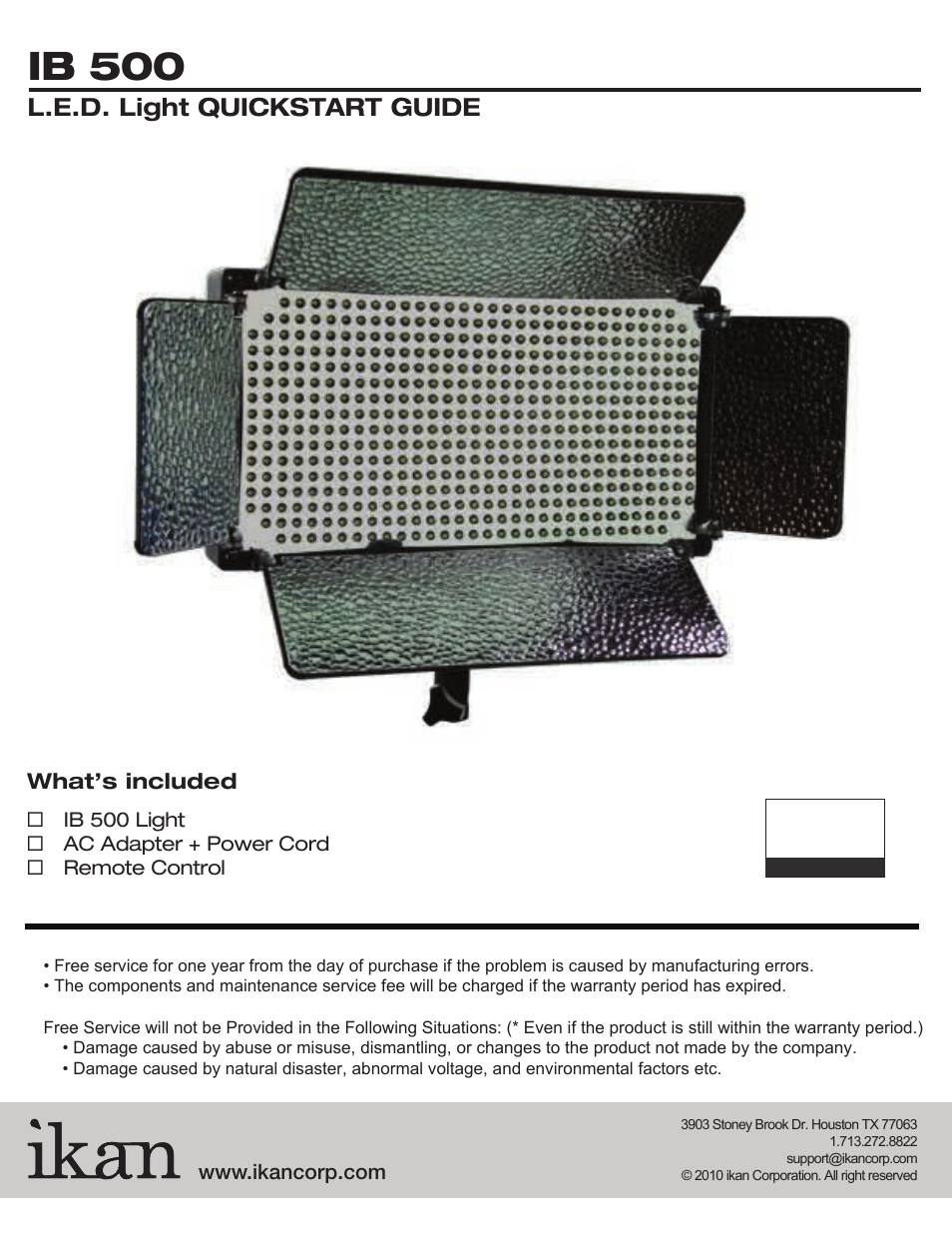Ib 500, L.e.d. light quickstart guide | ikan IBK2513 User Manual | Page 2 / 6