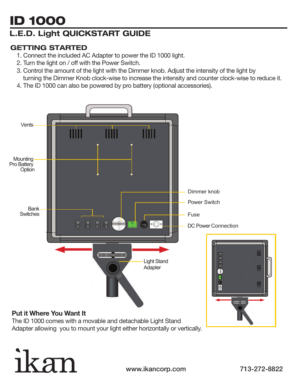 Id 1000, L.e.d. light quickstart guide, Getting started | Put it where you want it | ikan ID1000 User Manual | Page 2 / 3
