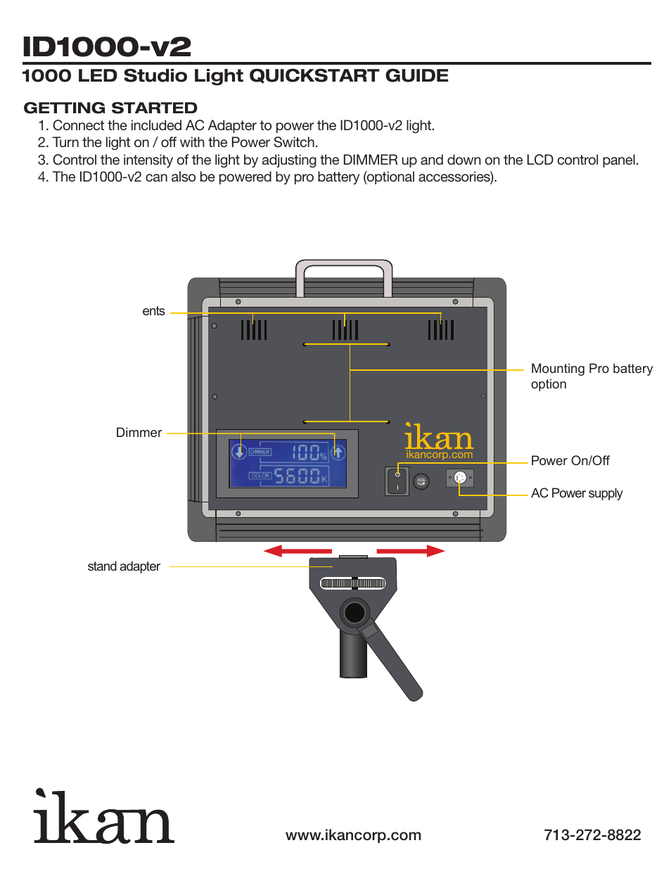 1000 led studio light quickstart guide | ikan ID1000-v2 User Manual | Page 2 / 4