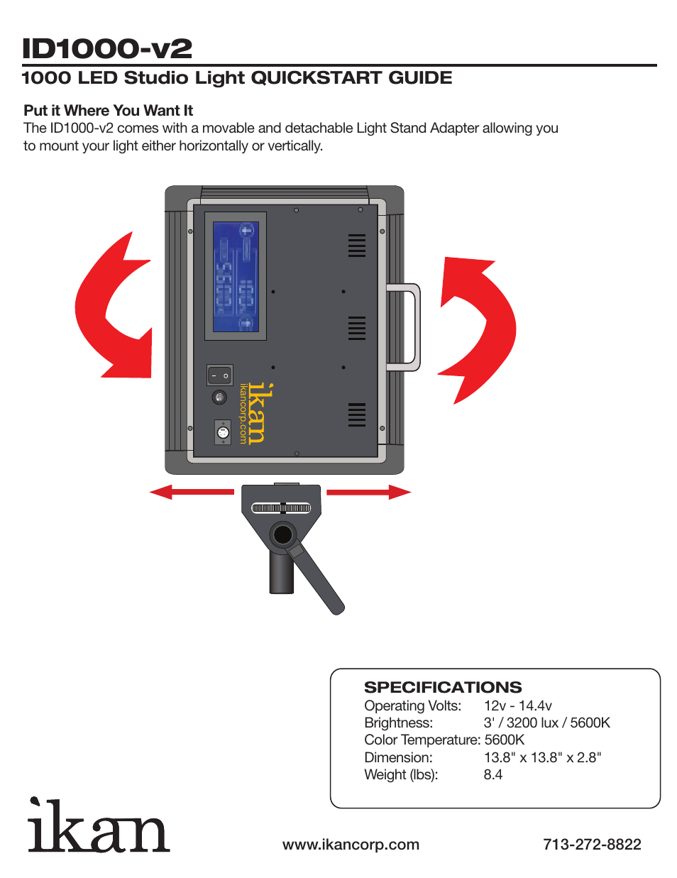 1000 led studio light quickstart guide, Put it where you want it | ikan ID1000-v2 User Manual | Page 3 / 4