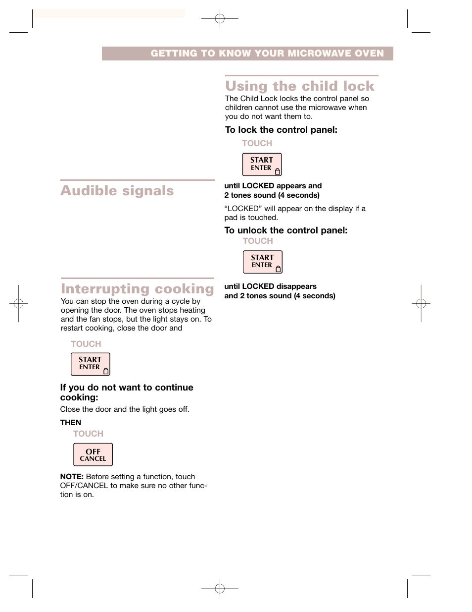 Audible signals, Interrupting cooking, Using the child lock | Crosley CMT135SG User Manual | Page 11 / 32