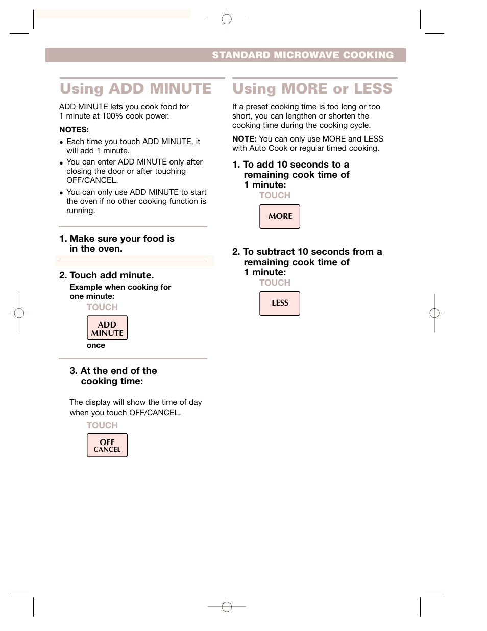 Using add minute, Using more or less, Using add minute using more or less | Crosley CMT135SG User Manual | Page 17 / 32