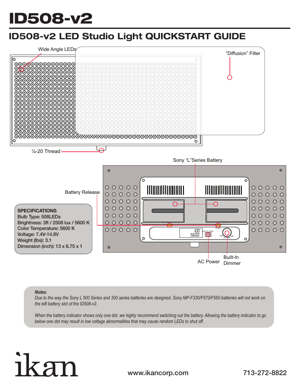 Id508-v2, Id508-v2 led studio light quickstart guide | ikan ID508-v2 User Manual | Page 2 / 2