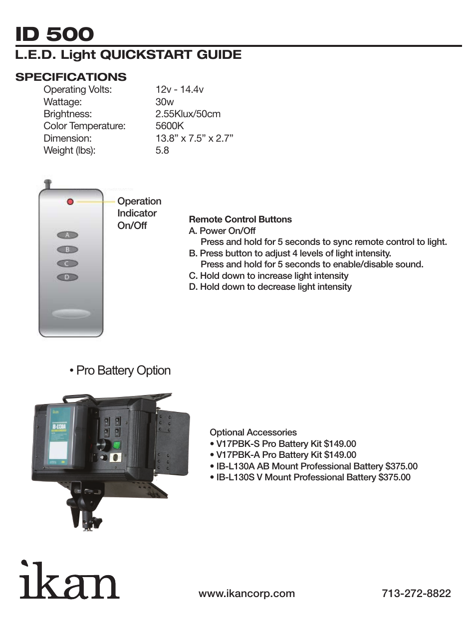 Id 500, Pro battery option | ikan IDK2115-v2 User Manual | Page 7 / 8