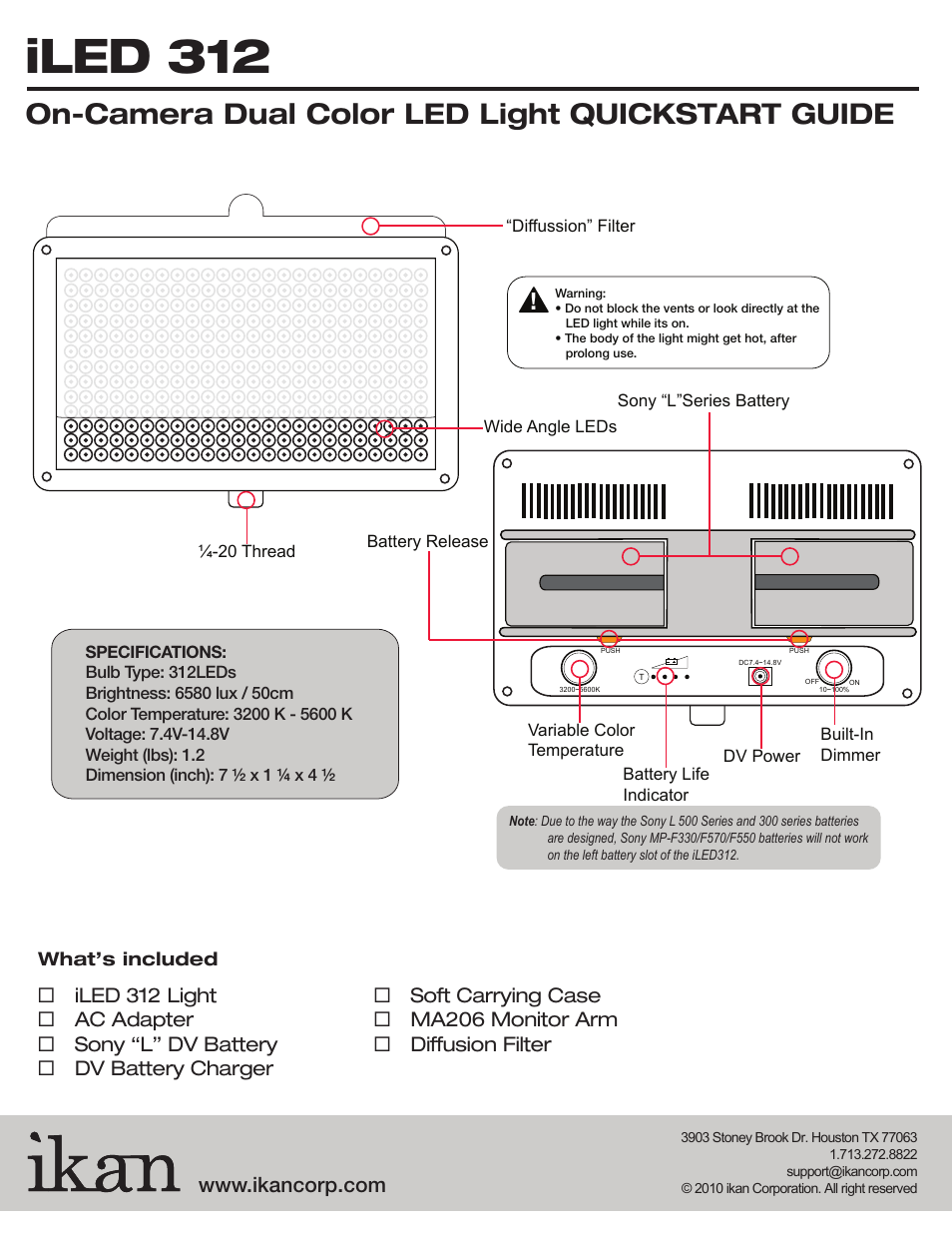 Iled 312, On-camera dual color led light quickstart guide | ikan IDK4312 User Manual | Page 2 / 3