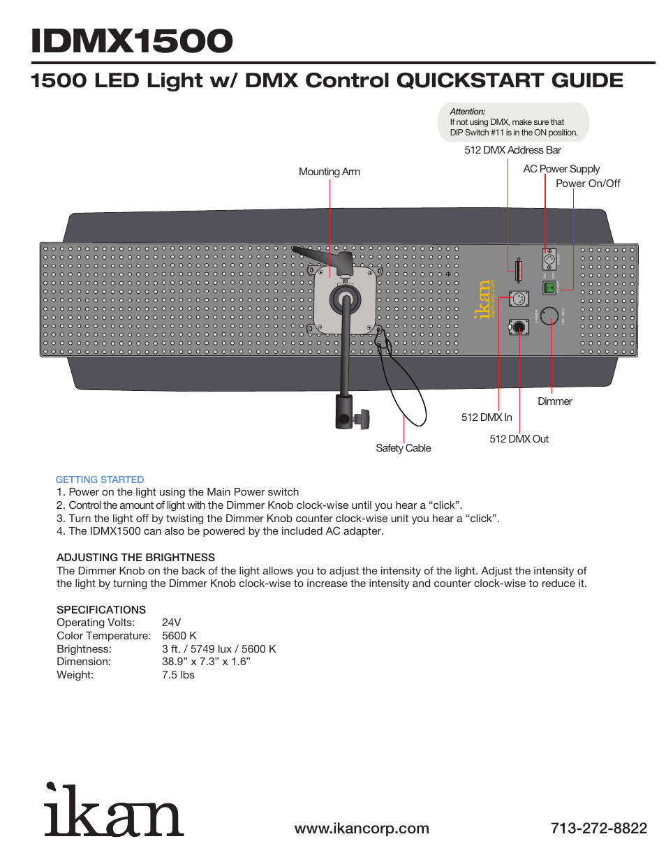 Idmx1500, 1500 led light w/ dmx control quickstart guide | ikan IDMX1500 User Manual | Page 2 / 5
