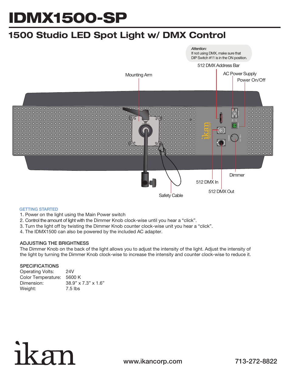 Idmx1500-sp, 1500 studio led spot light w/ dmx control | ikan IDMX1500-SP User Manual | Page 2 / 2
