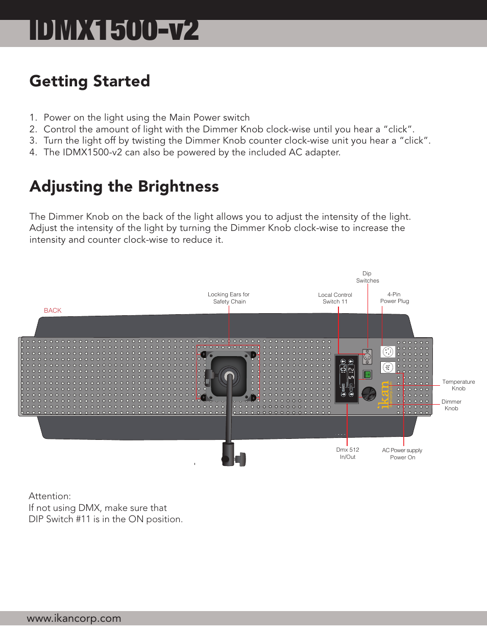 Getting started adjusting the brightness | ikan IDMX1500-v2 User Manual | Page 2 / 4