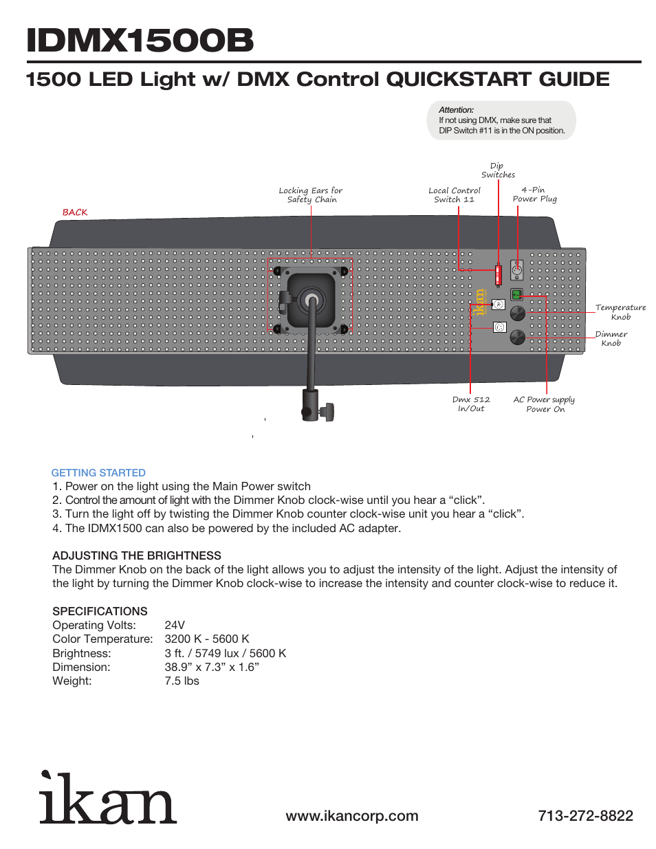 Idmx1500b, 1500 led light w/ dmx control quickstart guide | ikan IDMX1500B User Manual | Page 2 / 3