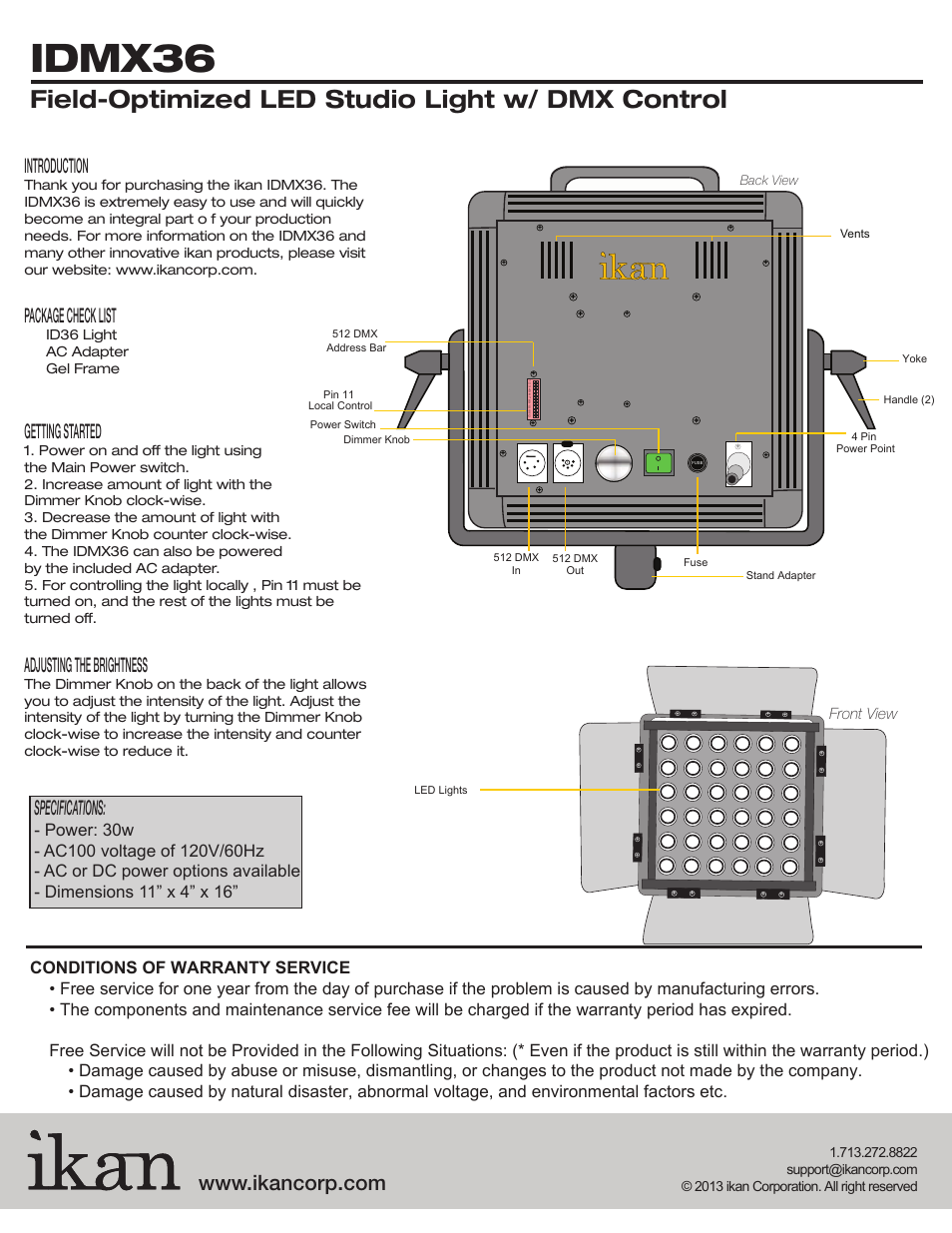 Idmx36, Field-optimized led studio light w/ dmx control, Specifications | Introduction, Package check list, Getting started, Adjusting the brightness, Front view, Id36 light ac adapter gel frame | ikan IDMX36 User Manual | Page 2 / 2