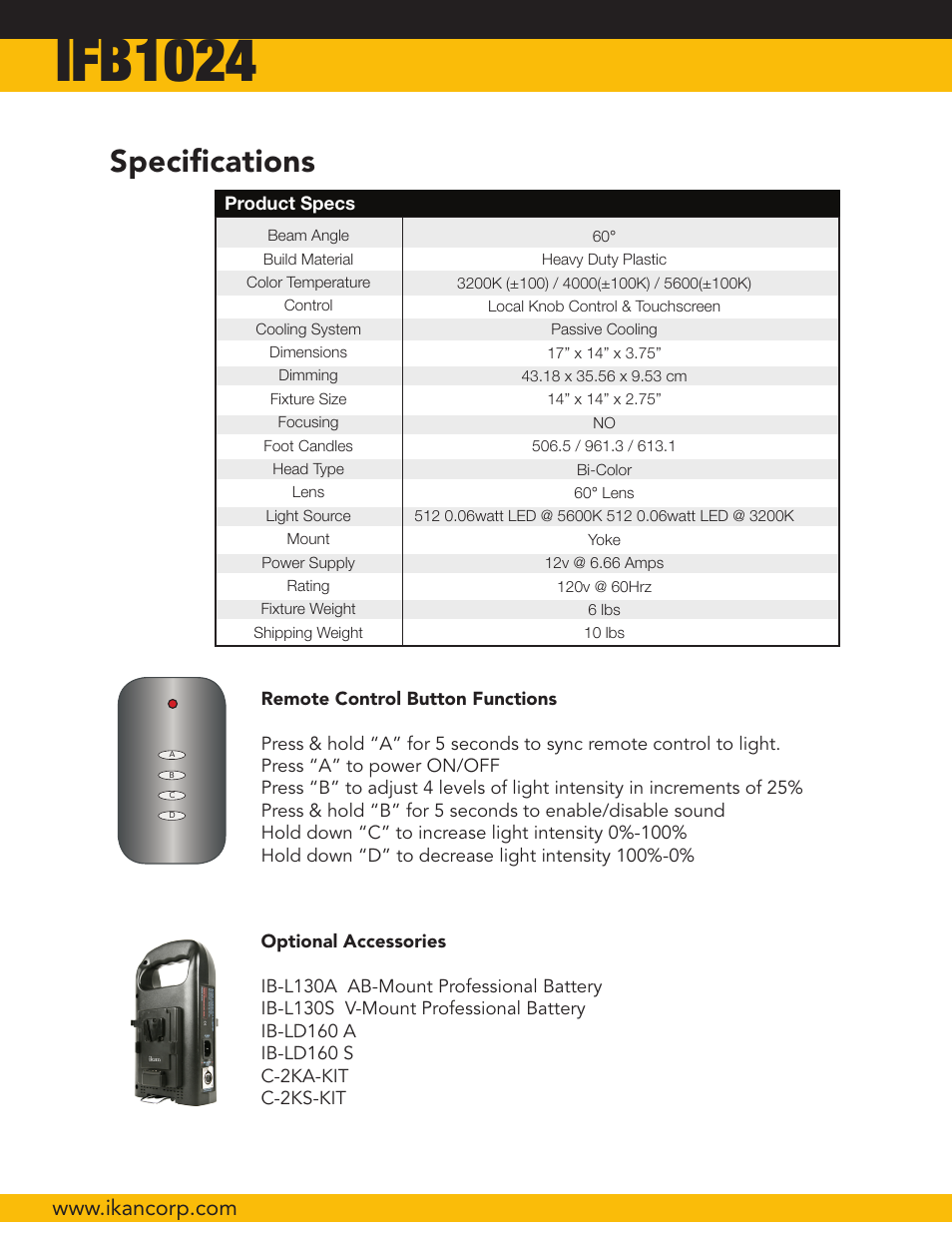 Ifb1024, Specifications | ikan IFB1024-2PT-KIT User Manual | Page 4 / 6