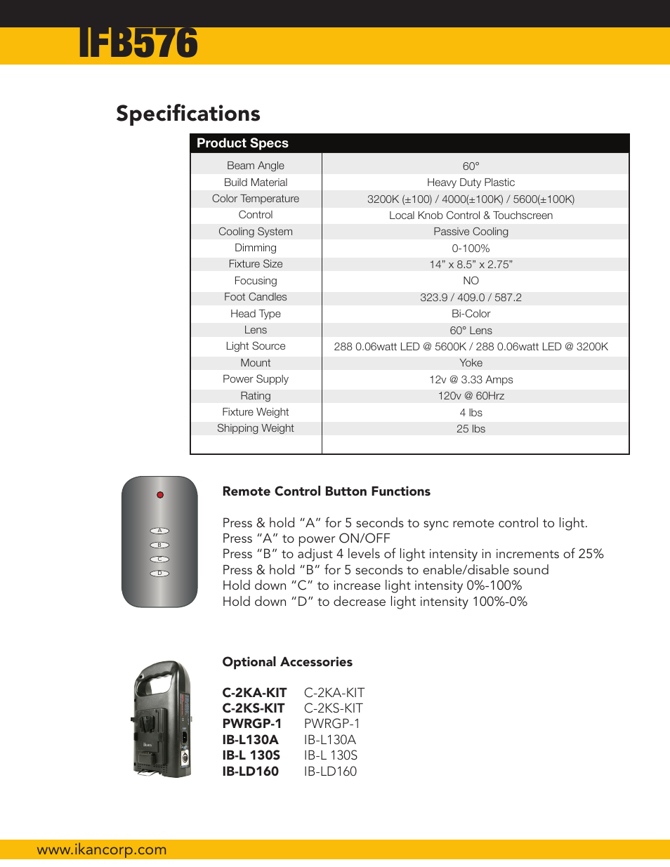 Ifb576, Specifications | ikan IFB576-2PT-KIT User Manual | Page 4 / 6