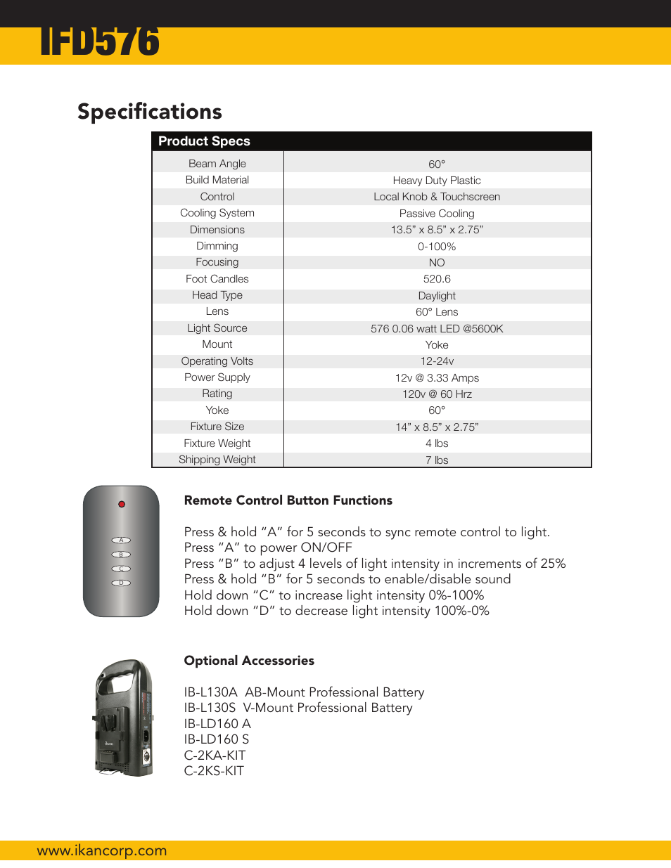 Ifd576, Specifications | ikan IFD2115 User Manual | Page 4 / 10