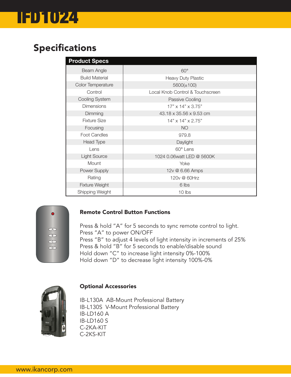 Ifd1024, Specifications | ikan IFD2115 User Manual | Page 8 / 10