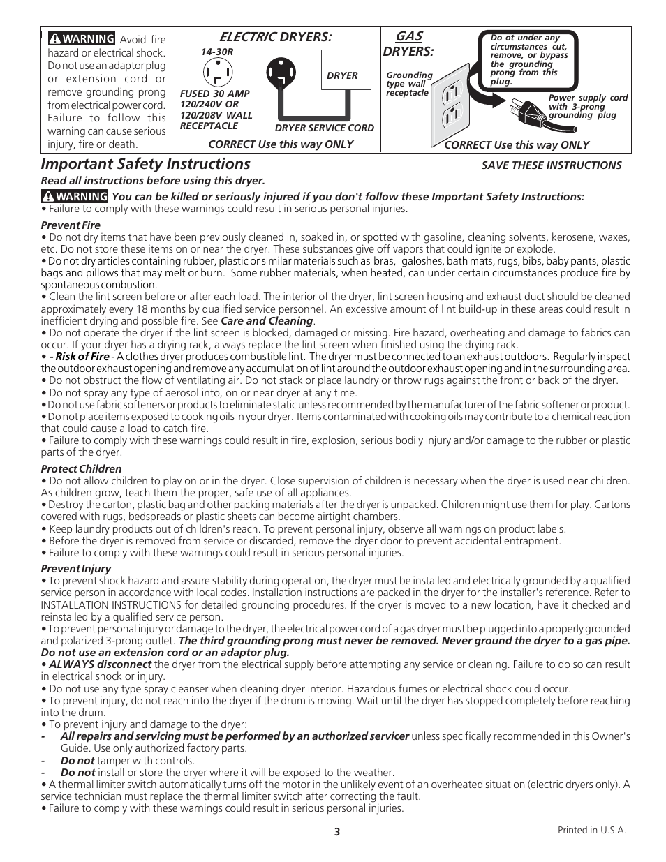 Important safety instructions, Electric | Crosley 134892200 User Manual | Page 3 / 8