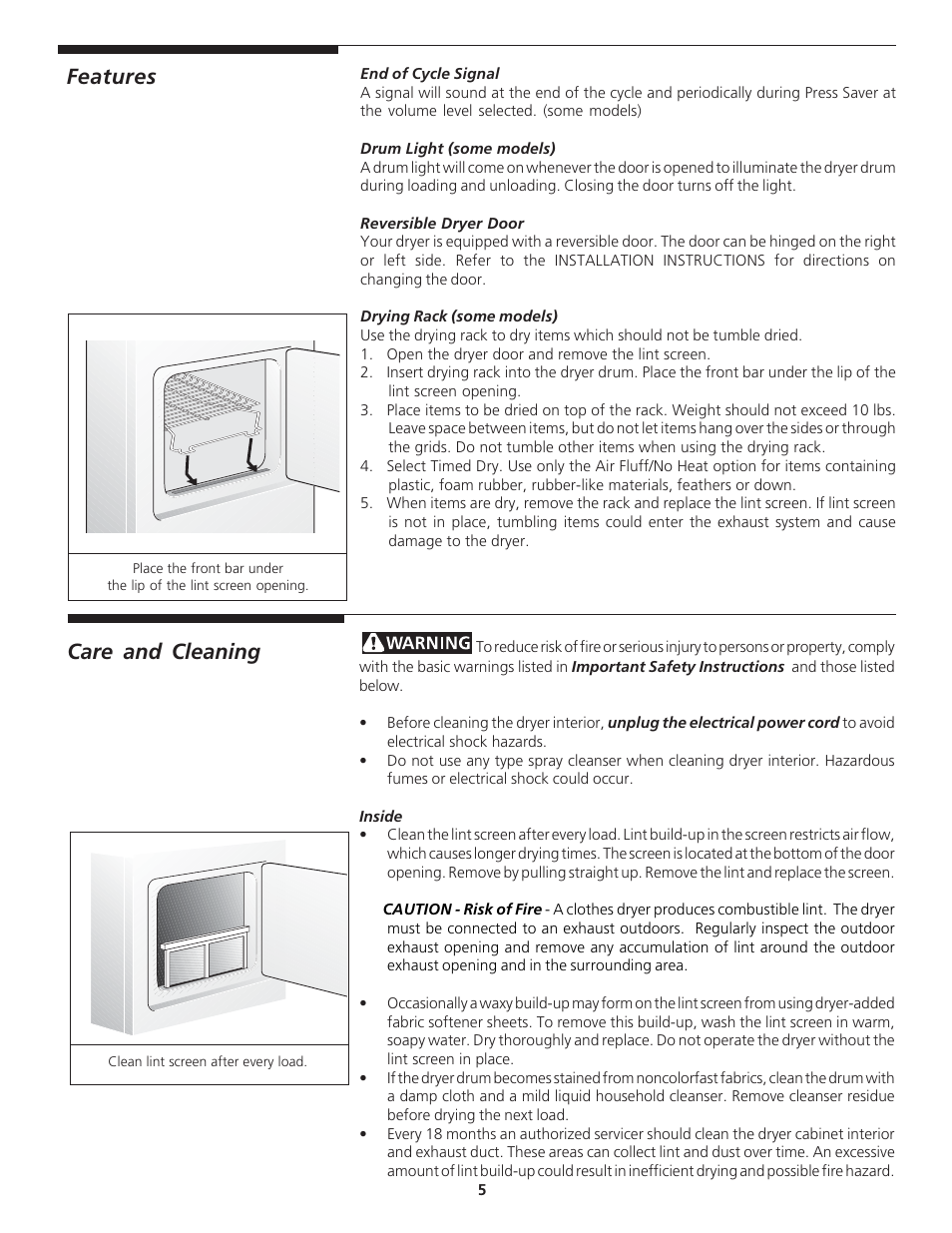 Features, Care and cleaning | Crosley 134892200 User Manual | Page 5 / 8