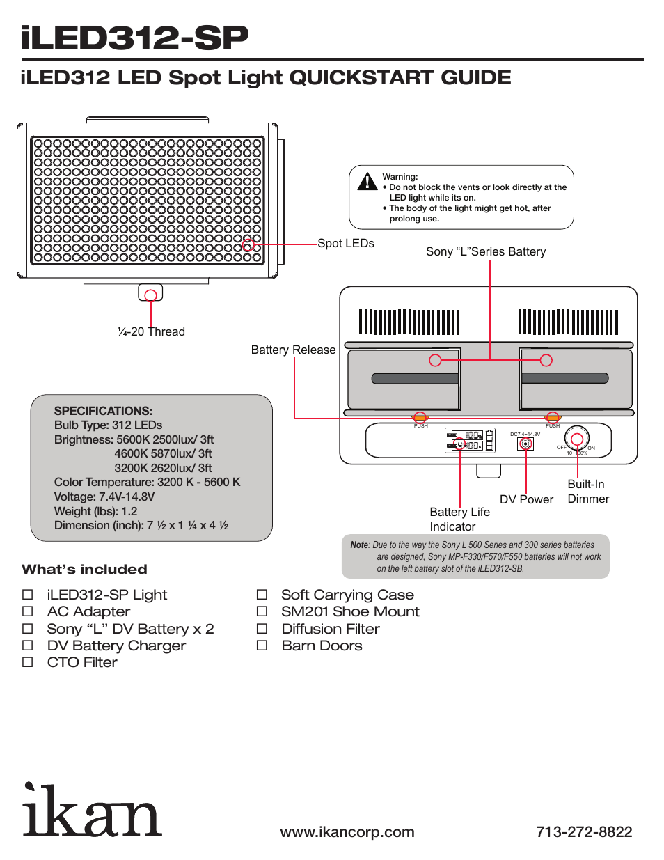 Iled312-sp, Iled312 led spot light quickstart guide | ikan iLED312-SP User Manual | Page 2 / 5