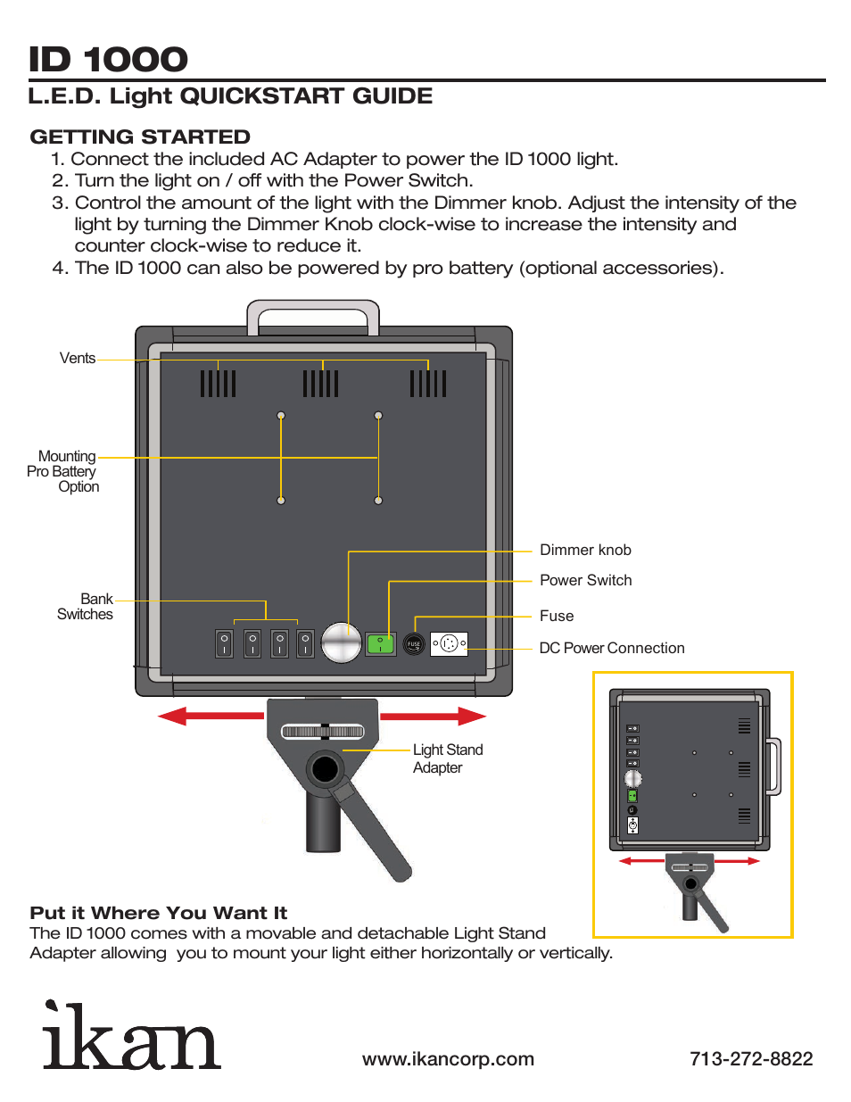 Id 1000, L.e.d. light quickstart guide, Getting started | Put it where you want it | ikan LOC-35011115 User Manual | Page 3 / 10