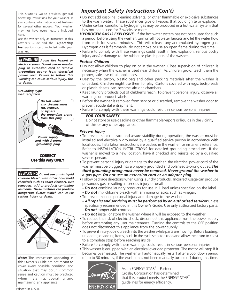 Important safety instructions (con't) | Crosley 134888600A User Manual | Page 3 / 11