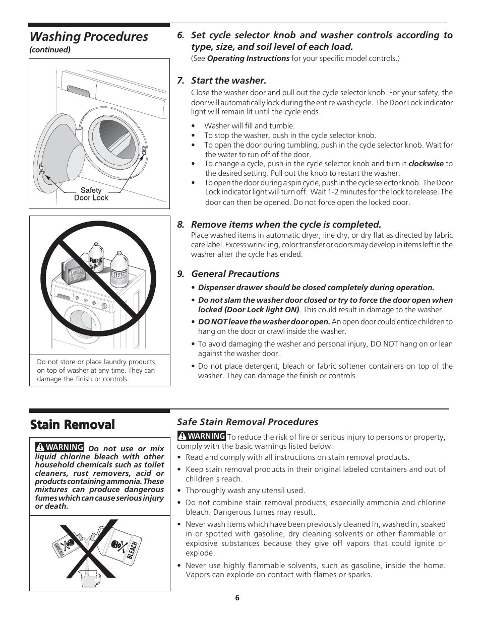 Washing procedures, Stain removal | Crosley 134888600A User Manual | Page 6 / 11