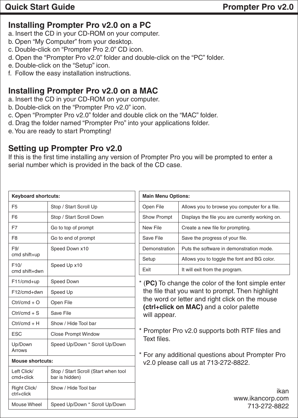 Installing prompter pro v2.0 on a pc, Installing prompter pro v2.0 on a mac, Setting up prompter pro v2.0 | Quick start guide prompter pro v2.0 | ikan PT2100 User Manual | Page 11 / 12