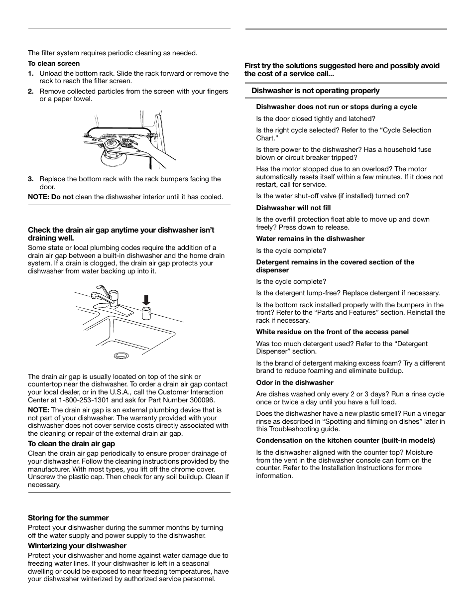 Troubleshooting, Cleaning the filter screen, Drain air gap | Storing your dishwasher | Crosley CUD4000 User Manual | Page 13 / 16