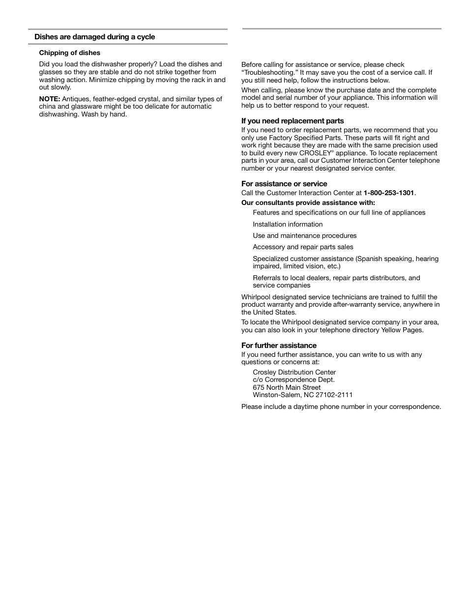 Assistance or service | Crosley CUD4000 User Manual | Page 15 / 16