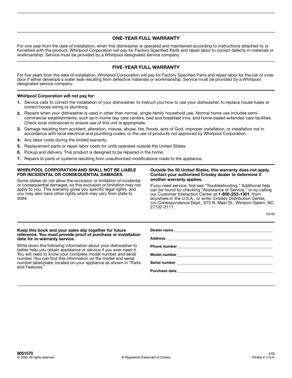 Warranty, Crosley, Dishwasher warranty | Crosley CUD4000 User Manual | Page 16 / 16