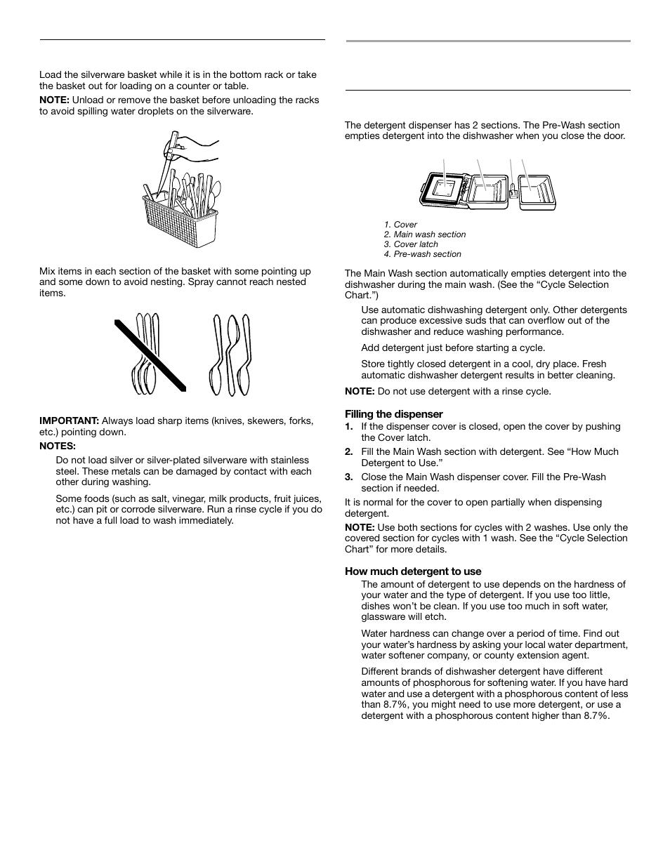 Dishwasher use, Detergent dispenser, Loading the silverware basket | Crosley CUD4000 User Manual | Page 8 / 16