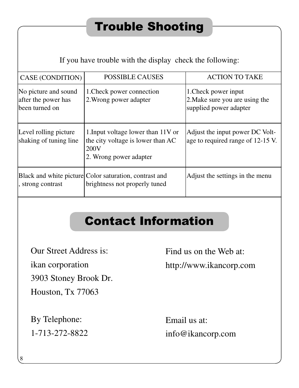 Contact information, Trouble shooting | ikan V7000-DK User Manual | Page 11 / 12