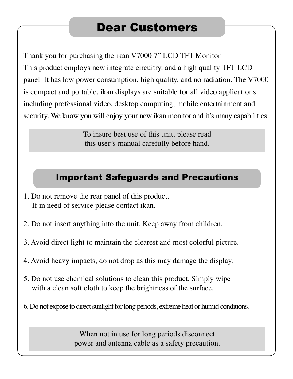 Dear customers | ikan V7000-DK User Manual | Page 2 / 12