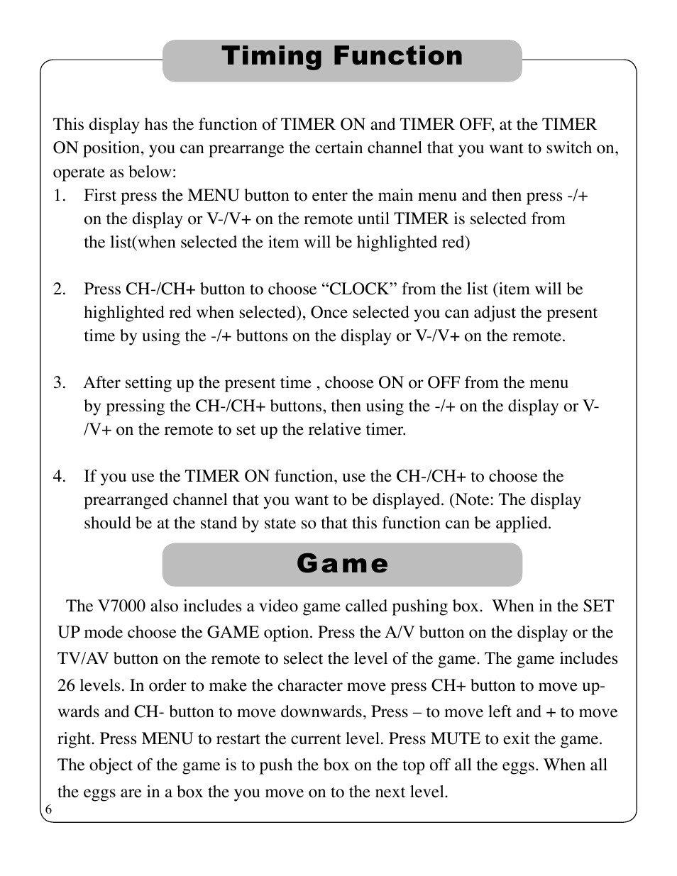 Set up of display state perpetual calendar, Timing function, Game | ikan V7000-DK User Manual | Page 9 / 12