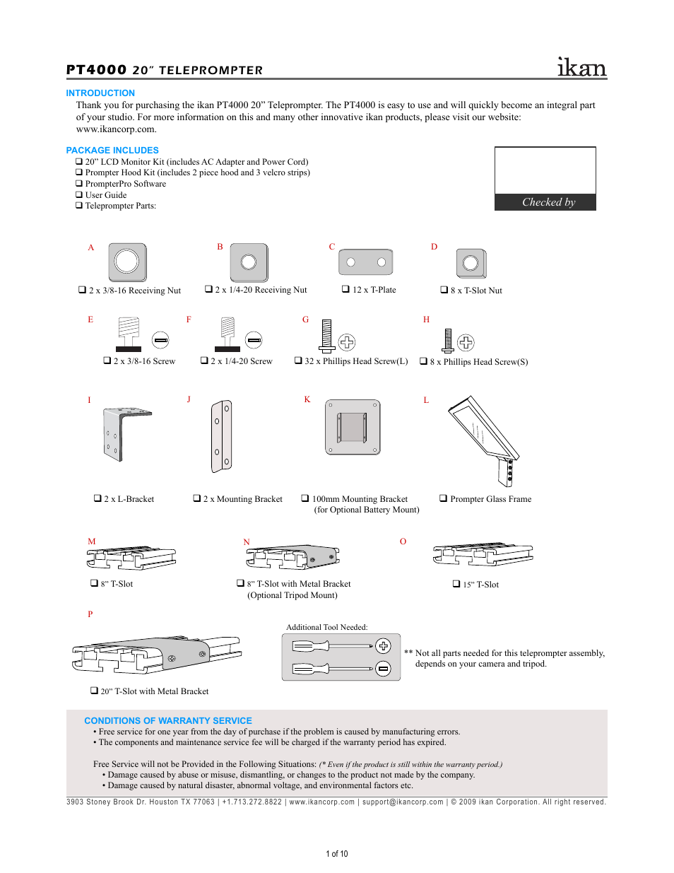 Pt4000, 20” teleprompter, Checked by | ikan PT4000 User Manual | Page 2 / 11