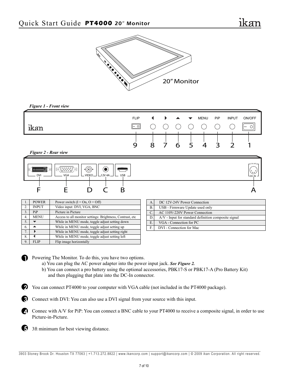 Quick start guide, Pt4000, 20” monitor | ikan PT4000 User Manual | Page 8 / 11