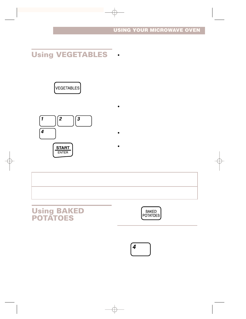 Using vegetables, Using baked potatoes | Crosley CMT101SG User Manual | Page 21 / 28
