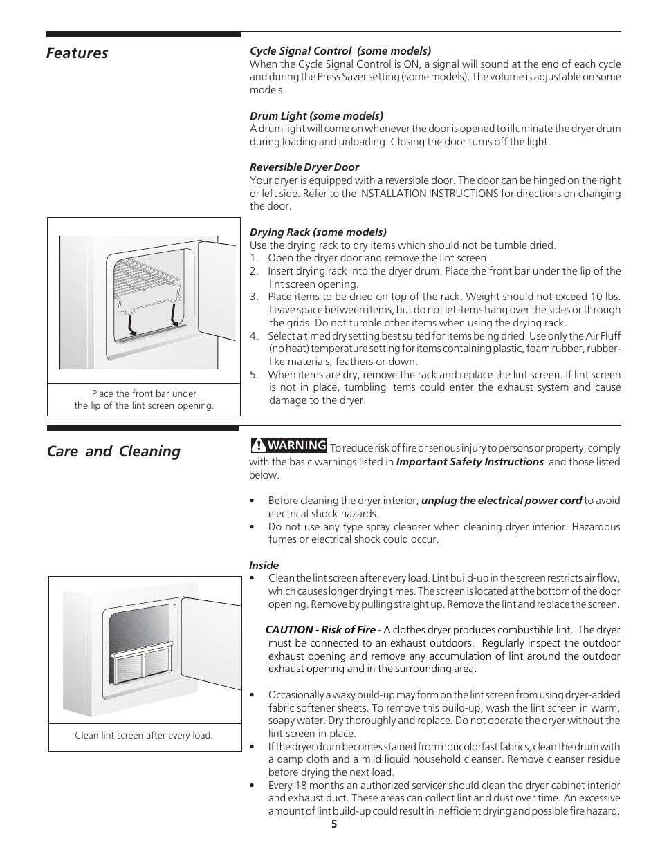 Features, Care and cleaning | Crosley 134856200 User Manual | Page 5 / 8