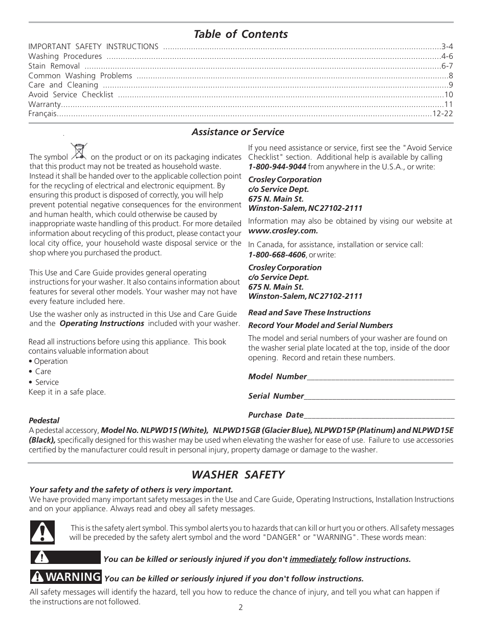 Crosley NLPWD15P User Manual | Page 2 / 11