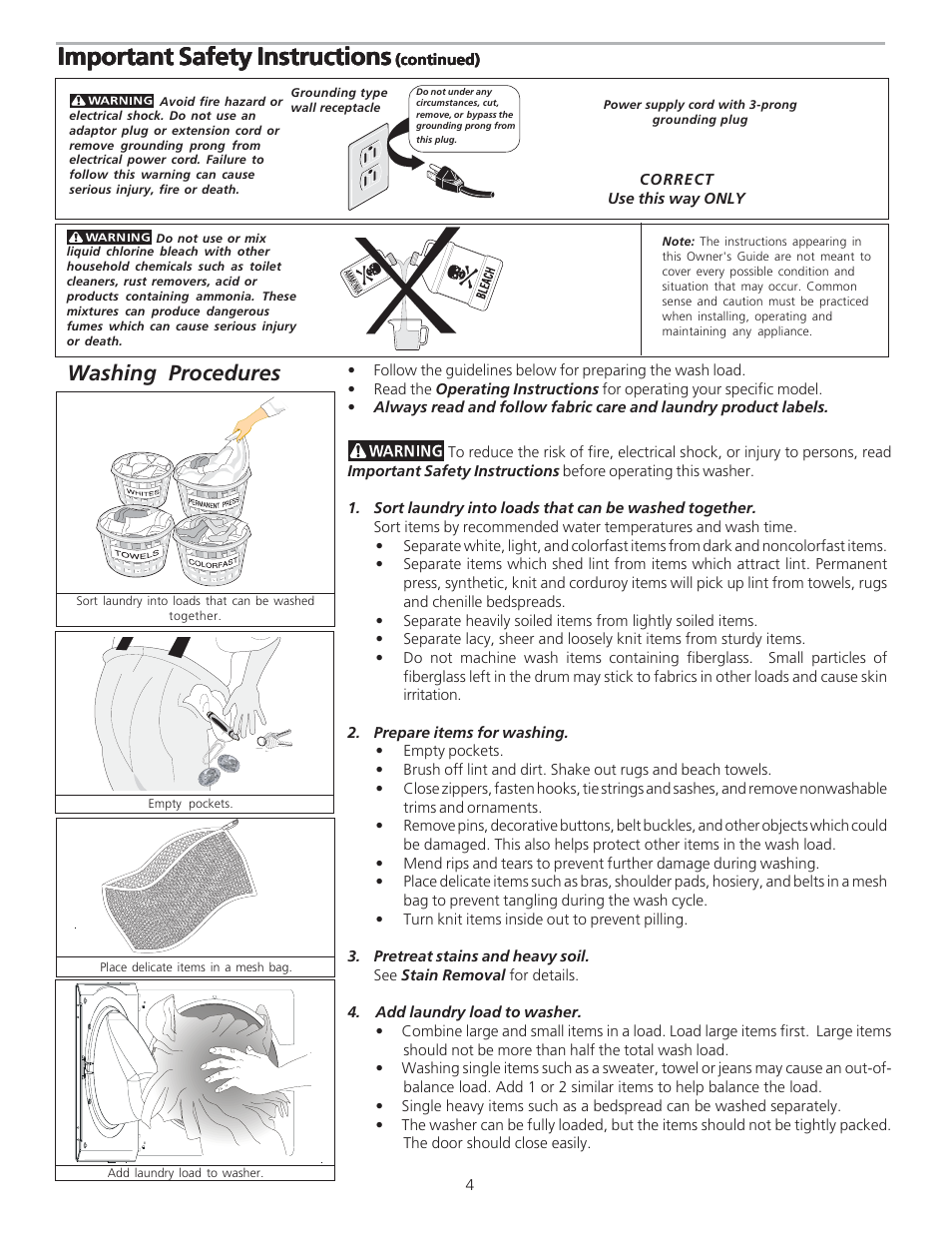 Important safety instructions, Washing procedures | Crosley NLPWD15P User Manual | Page 4 / 11