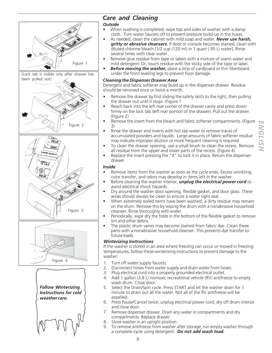 English, Care and cleaning | Crosley NLPWD15P User Manual | Page 9 / 11