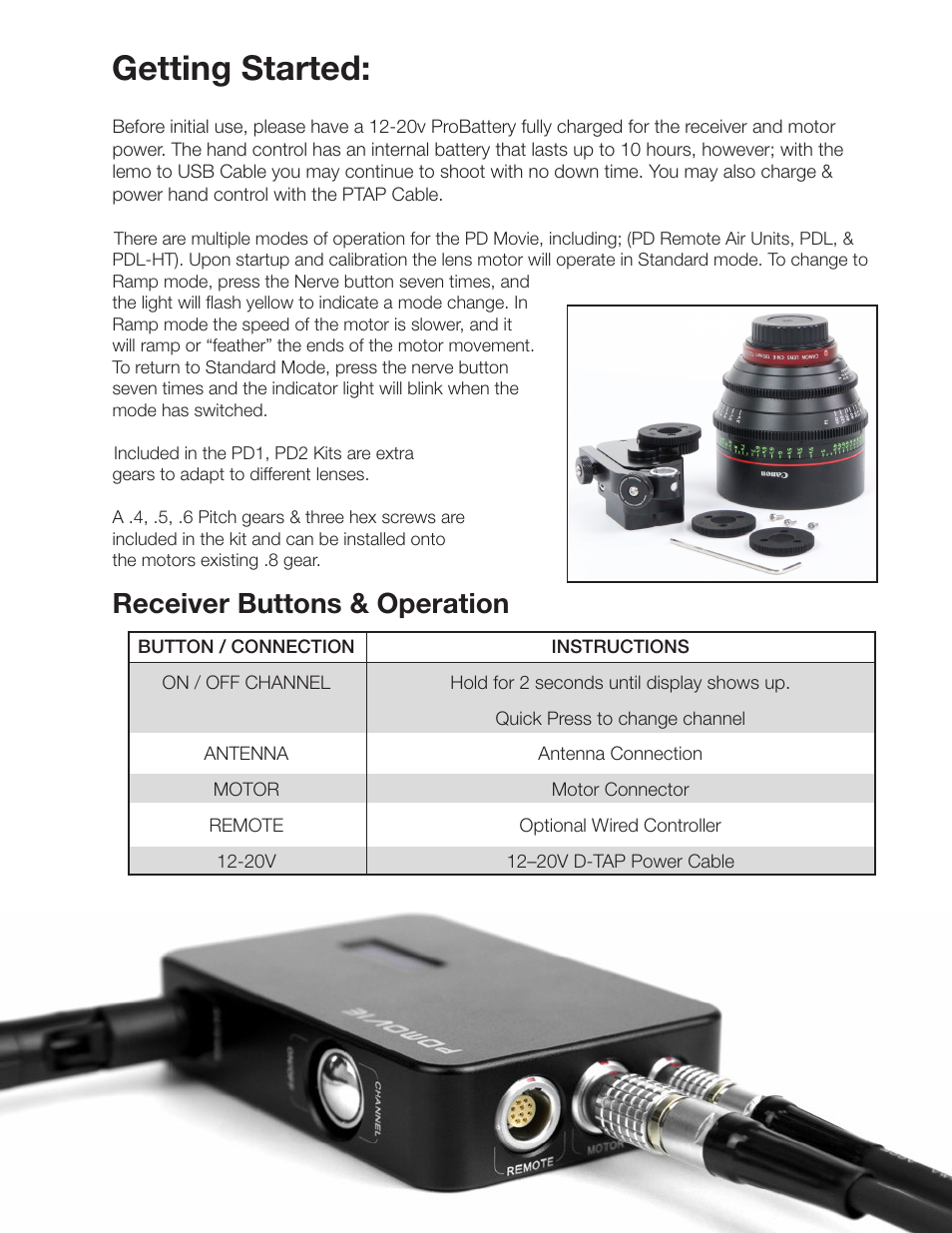 Getting started, Receiver buttons & operation | ikan PD1 User Manual | Page 4 / 8