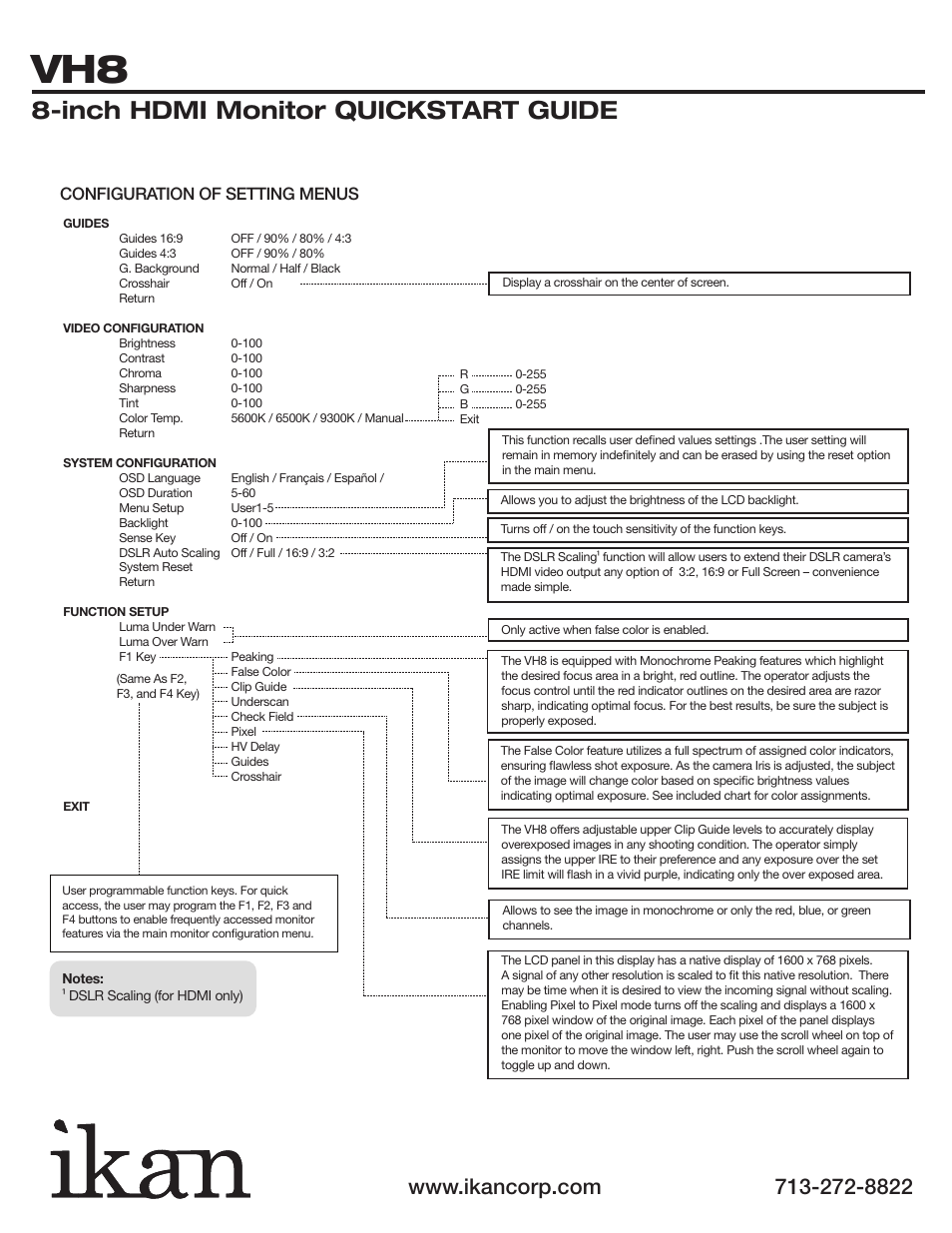 Inch hdmi monitor quickstart guide, Configuration of setting menus | ikan EV2SK8 User Manual | Page 5 / 16
