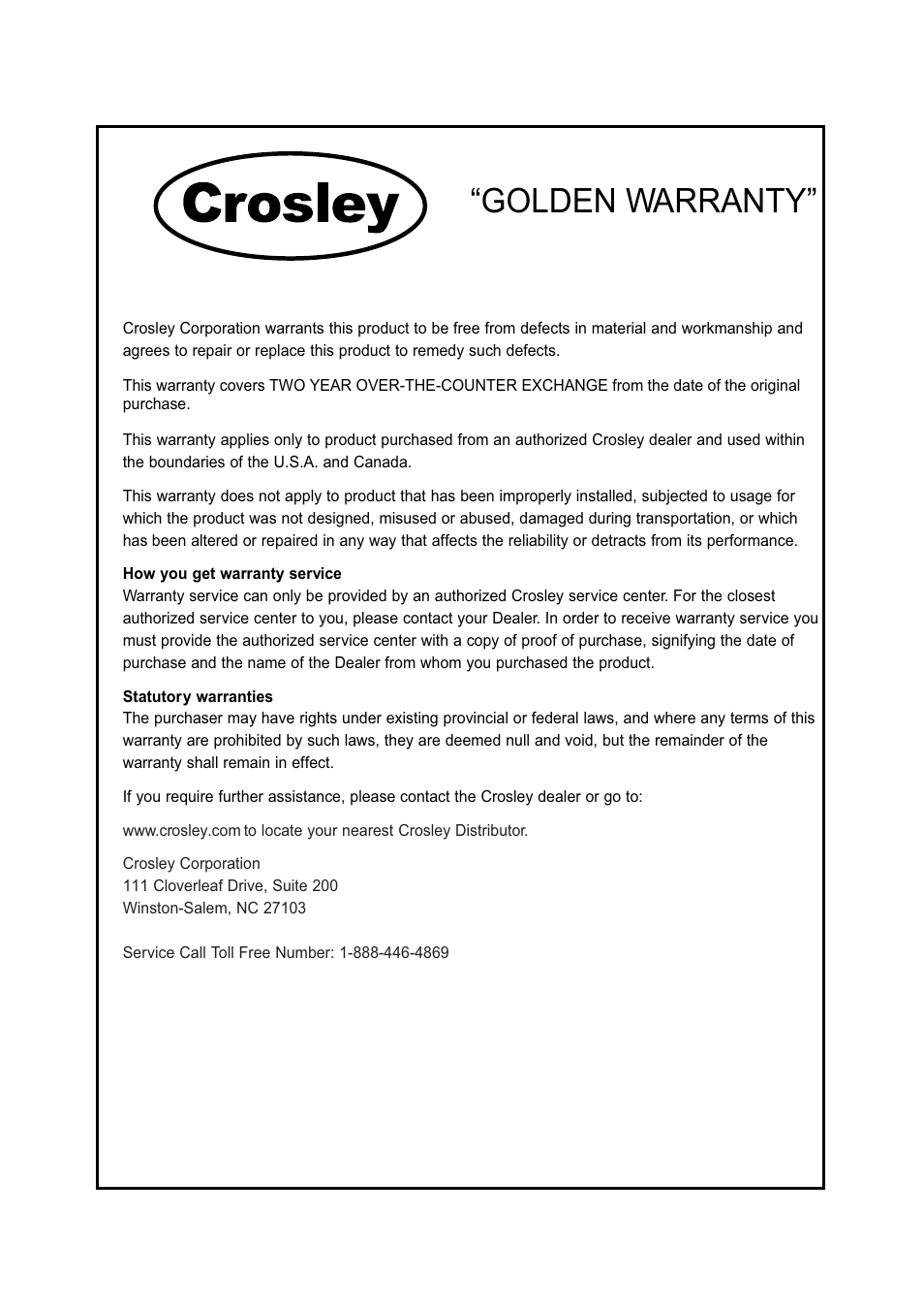 Golden warranty | Crosley C42FHDHB120 User Manual | Page 24 / 25