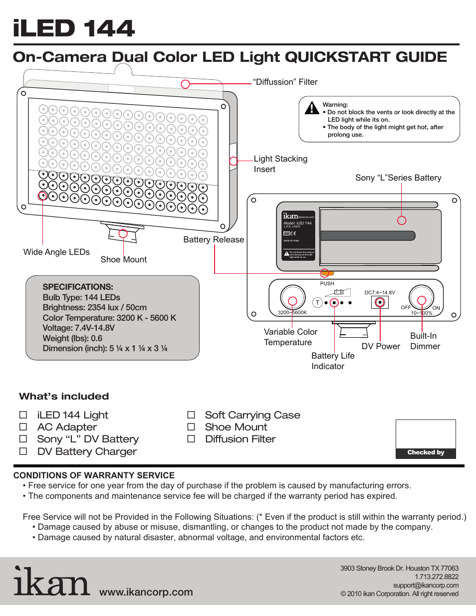 Iled 144, On-camera dual color led light quickstart guide | ikan EV2AK User Manual | Page 7 / 10