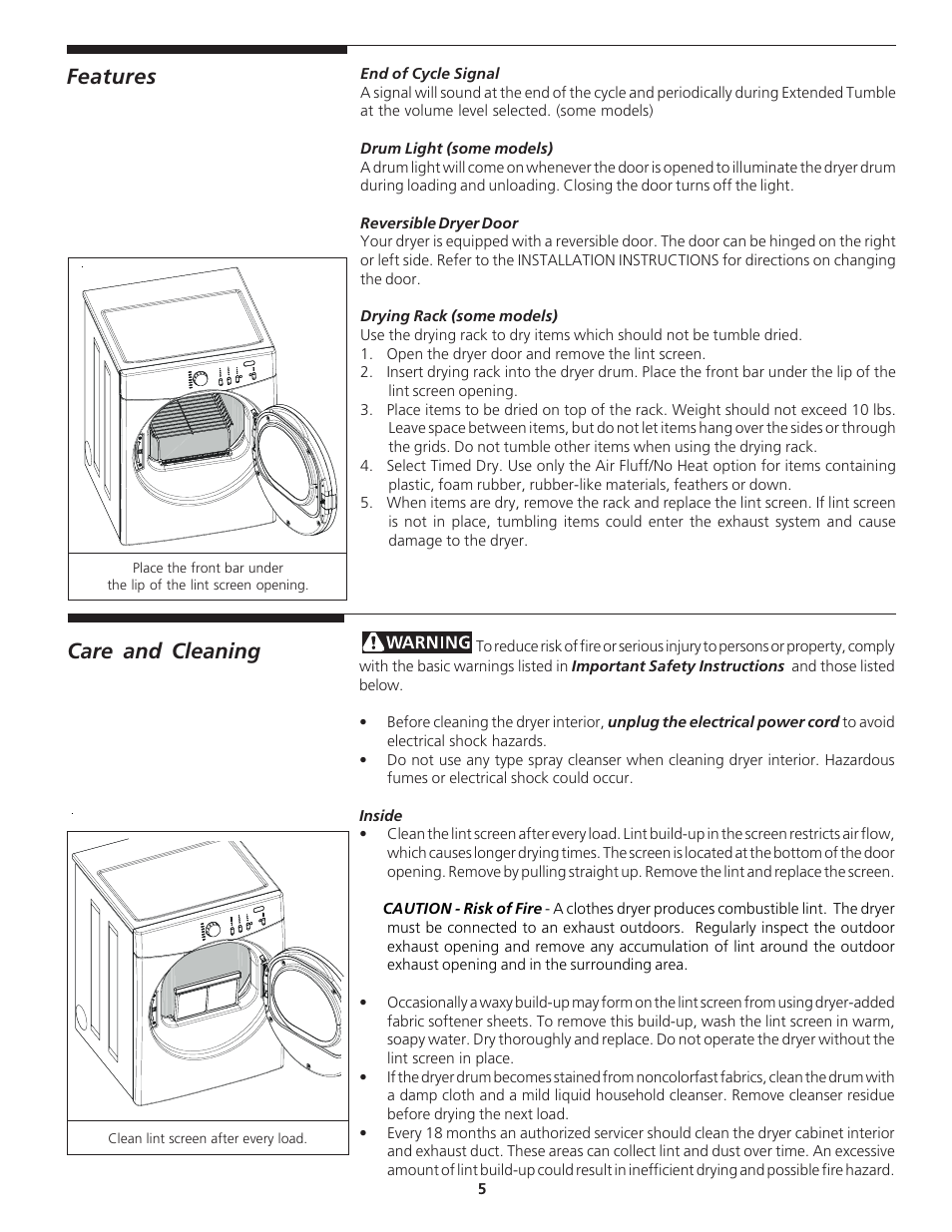 Features, Care and cleaning | Crosley 134856900 User Manual | Page 5 / 8